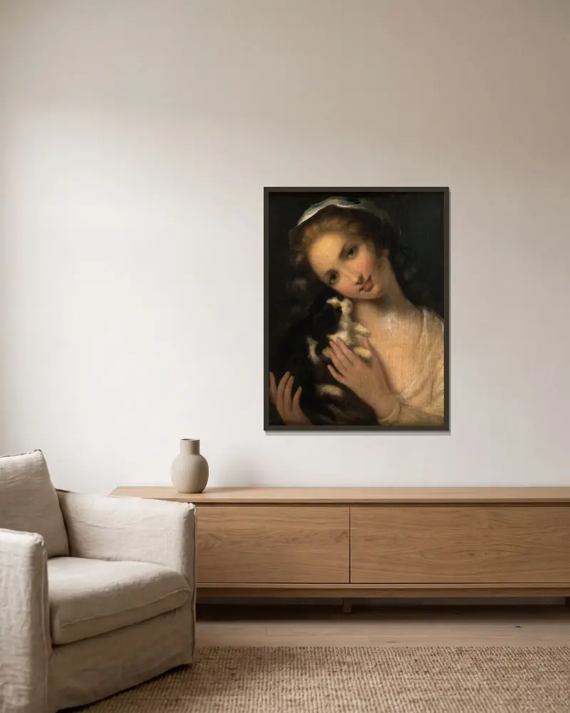 Mädchen mit Katze von Jean-Baptiste Greuze gerahmt an einer Wand