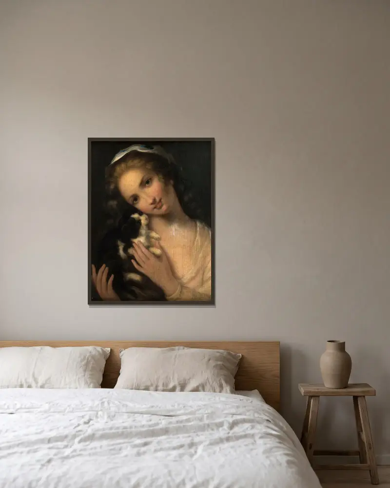 Mädchen mit Katze von Jean-Baptiste Greuze gerahmt an einer Wand