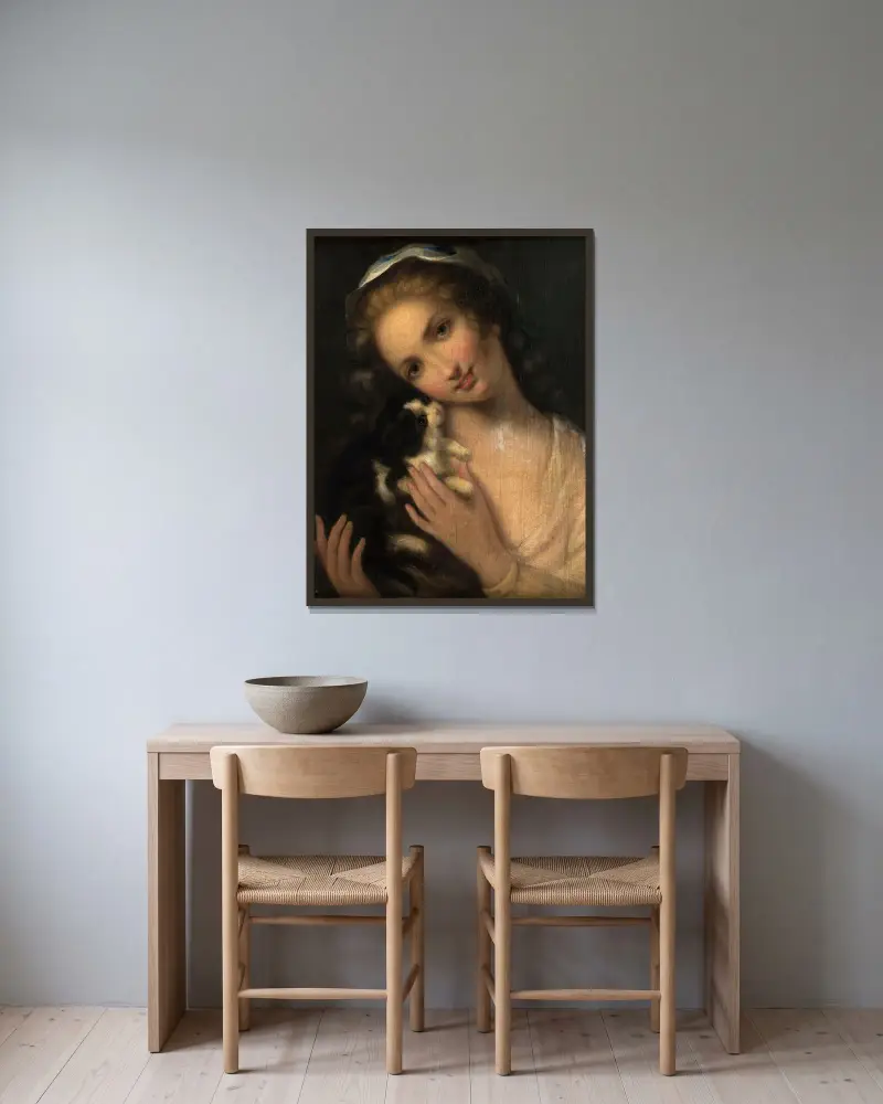Mädchen mit Katze von Jean-Baptiste Greuze gerahmt an einer Wand