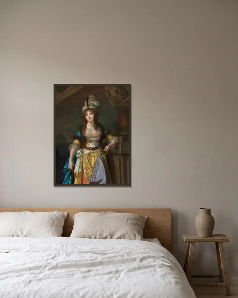 Porträtt av en dam i turkisk dräkt av Jean-Baptiste Greuze inramad på en vägg