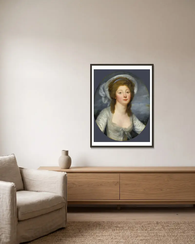 Porträtt av en ung kvinna, kallad Mademoiselle Montredon av Jean-Baptiste Greuze inramad på en vägg