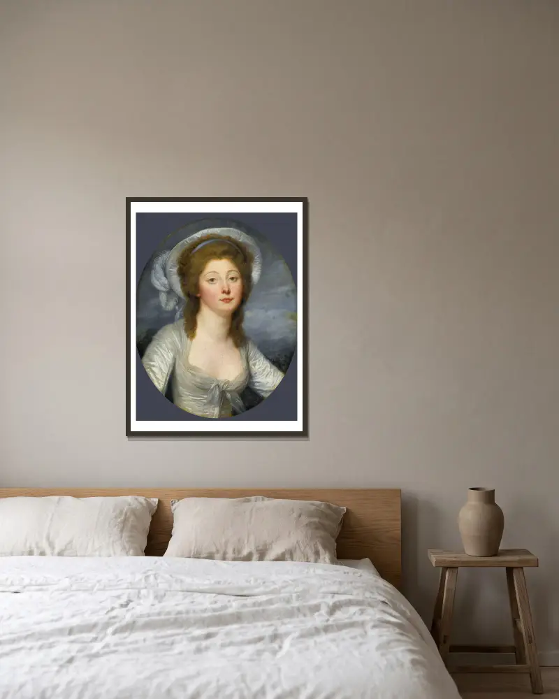 Porträtt av en ung kvinna, kallad Mademoiselle Montredon av Jean-Baptiste Greuze inramad på en vägg
