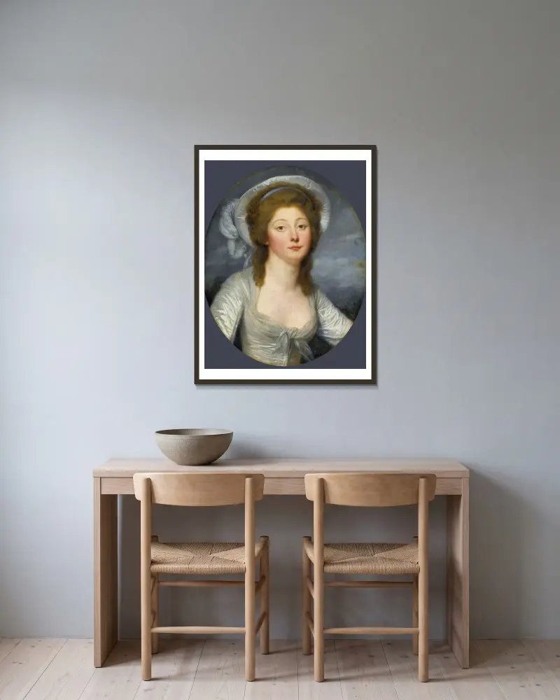 Porträtt av en ung kvinna, kallad Mademoiselle Montredon av Jean-Baptiste Greuze inramad på en vägg