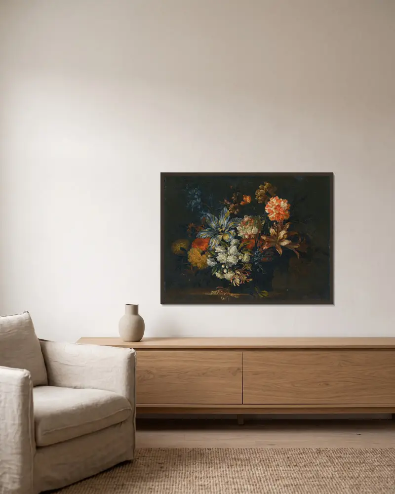 Stilleben mit Lilien, Geißblatt und anderen Blumen in einer Vase auf einem Sims von Jean-Baptiste Monnoyer gerahmt an einer Wand