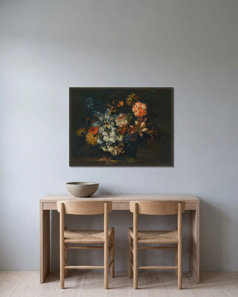 Stilleben mit Lilien, Geißblatt und anderen Blumen in einer Vase auf einem Sims von Jean-Baptiste Monnoyer gerahmt an einer Wand