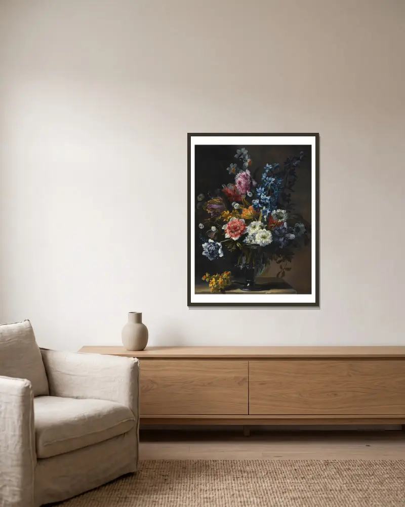 Stilleben med tulpaner, hyacint och andra blommor i glasvas på stensockel av Jean-Baptiste Monnoyer inramad på en vägg