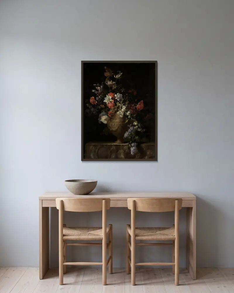 Blumenstillleben in Vase – nr 2 av Jean-Baptiste Monnoyer inramad på en vägg