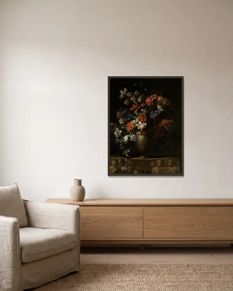 Blumenstillleben in einer Vase – Nr. 1 von Jean-Baptiste Monnoyer gerahmt an einer Wand