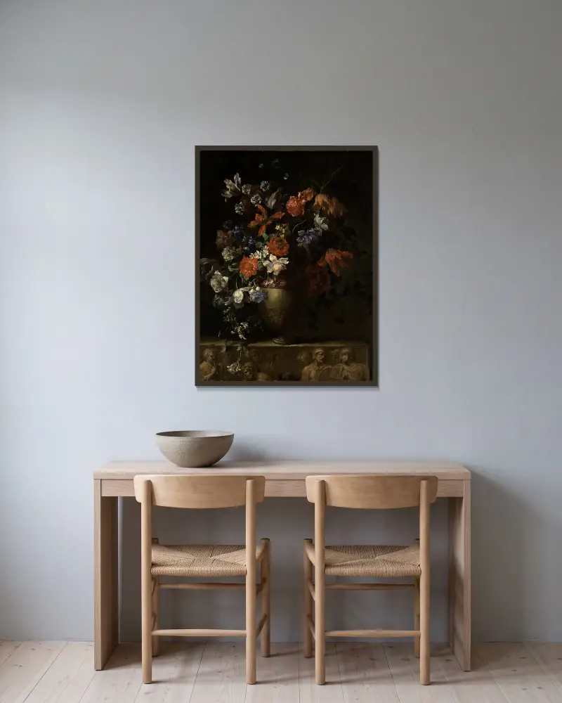 Blumenstillleben in einer Vase – Nr. 1 von Jean-Baptiste Monnoyer gerahmt an einer Wand