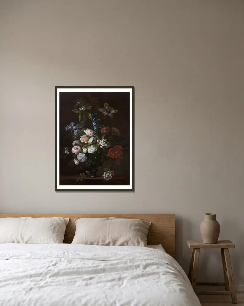 Blombukett i vas på en kornisch av Jean-Baptiste Monnoyer inramad på en vägg