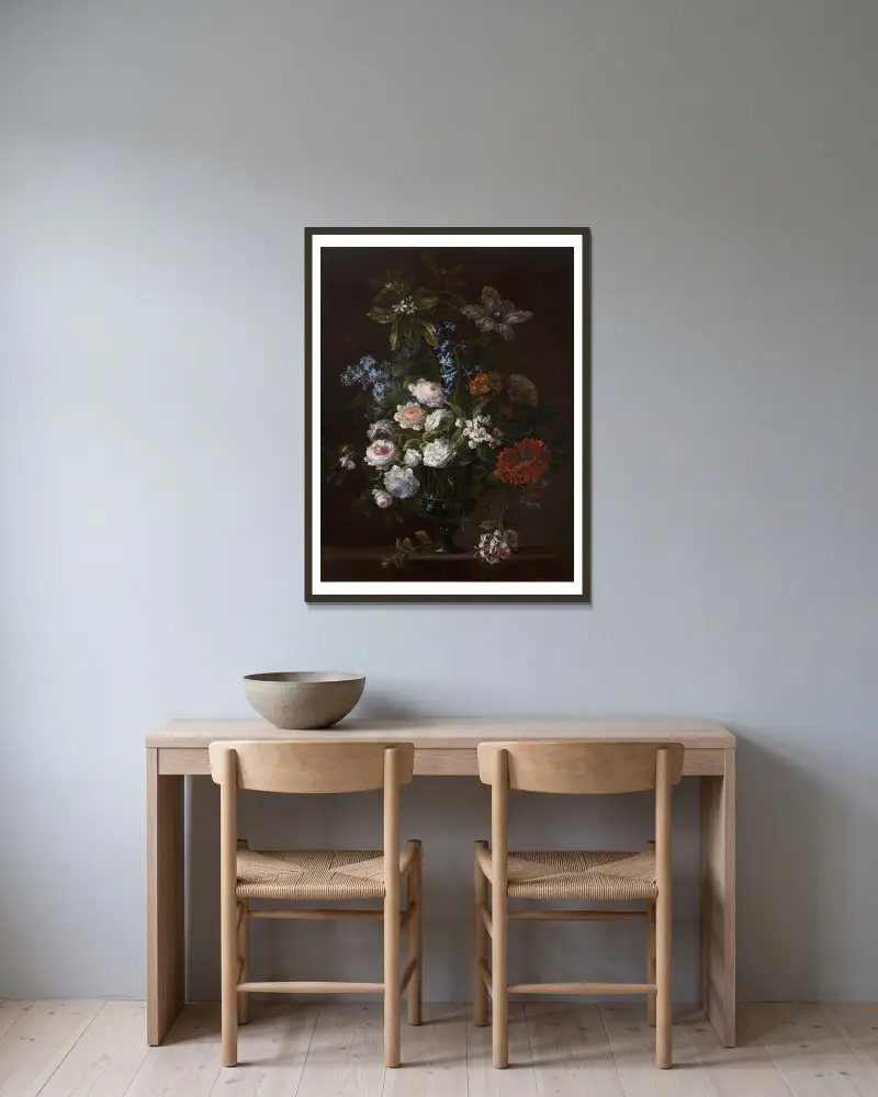Blombukett i vas på en kornisch av Jean-Baptiste Monnoyer inramad på en vägg