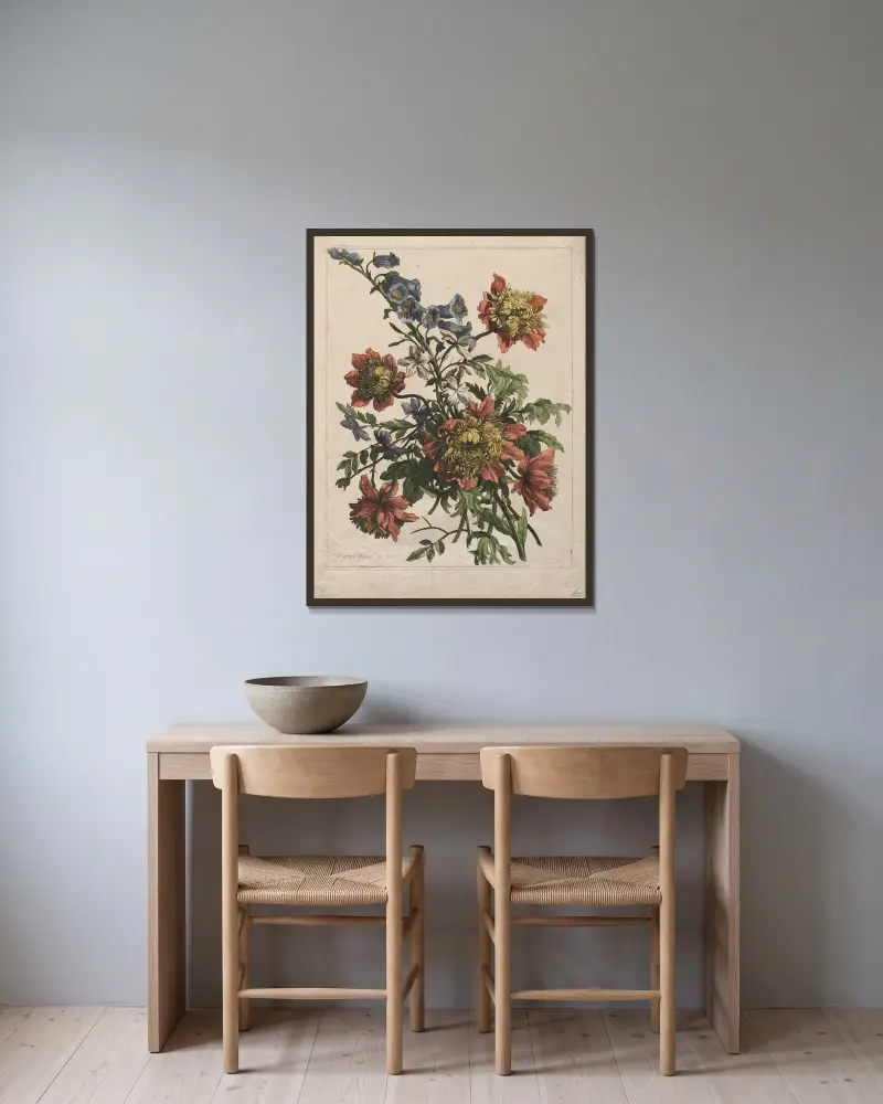Blumenstrauß, 1680 – Nr. 1 von Jean-Baptiste Monnoyer gerahmt an einer Wand