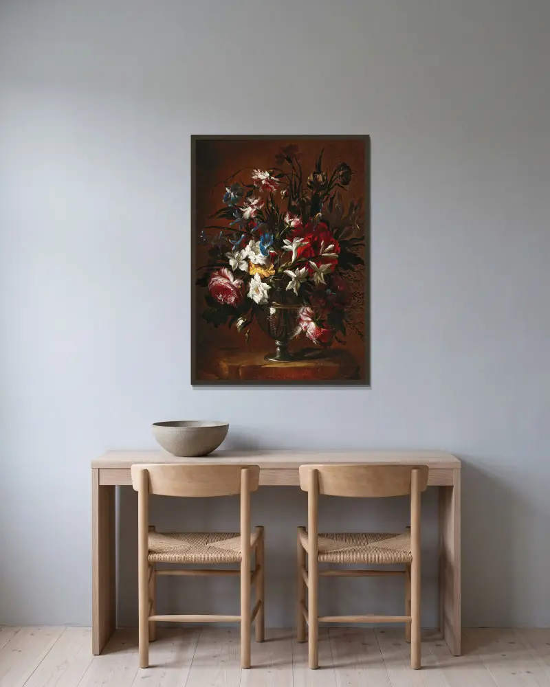 Nejlikor, rosor, liljor och andra blommor i en vas på en klippavsats av Jean-Baptiste Monnoyer inramad på en vägg