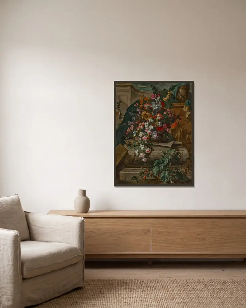 Blommor i en urna på en sarkofag av Jean-Baptiste Monnoyer inramad på en vägg