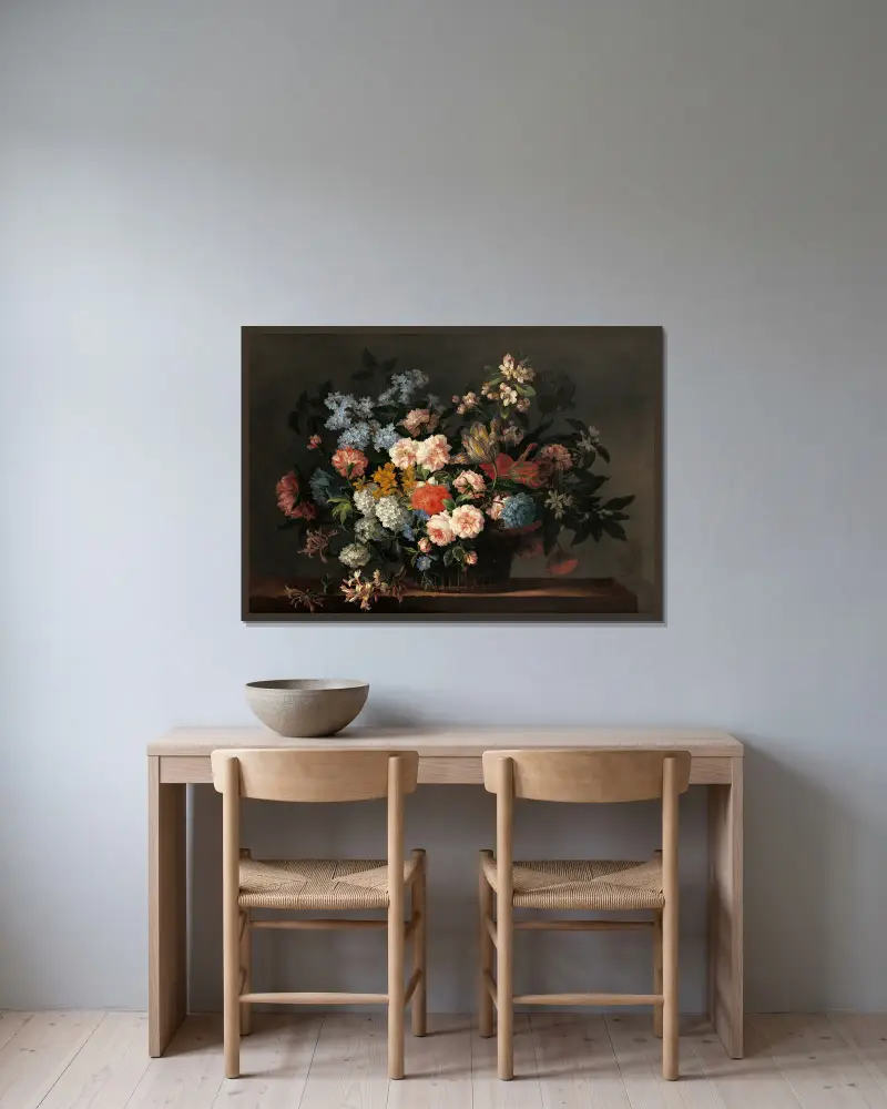 Stilleben med blomsterkorg av Jean-Baptiste Monnoyer inramad på en vägg