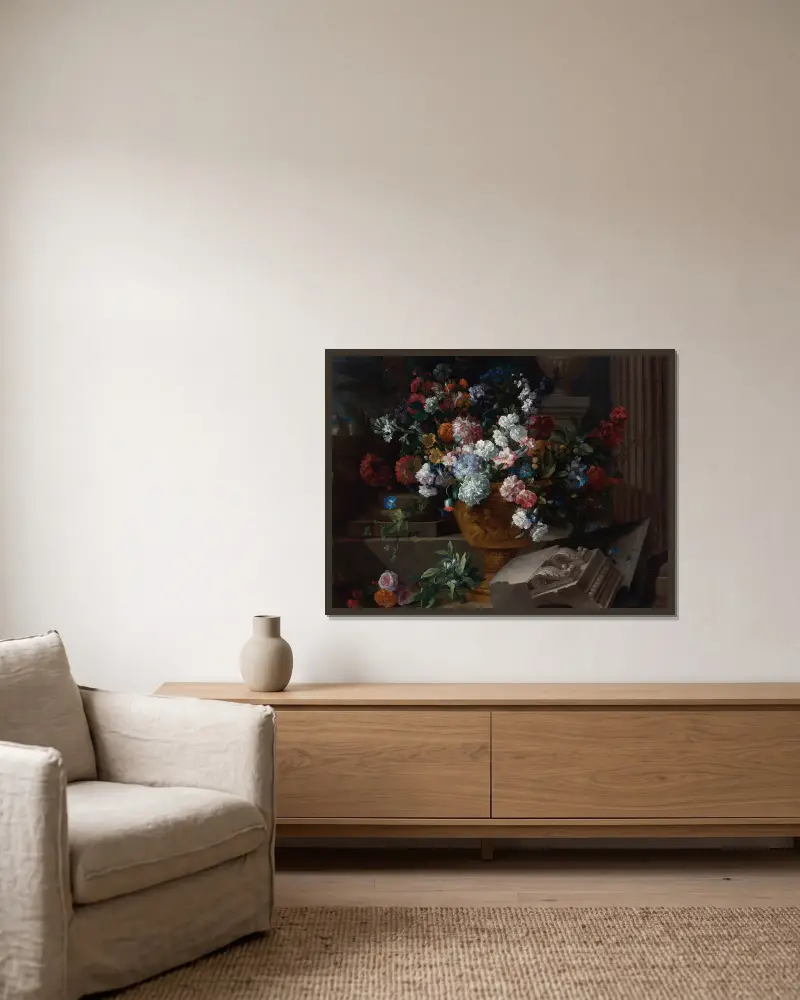 Stilleben med blommor i en skulpterad urna med arkitekturfragment på en terrass av Jean-Baptiste Monnoyer inramad på en vägg