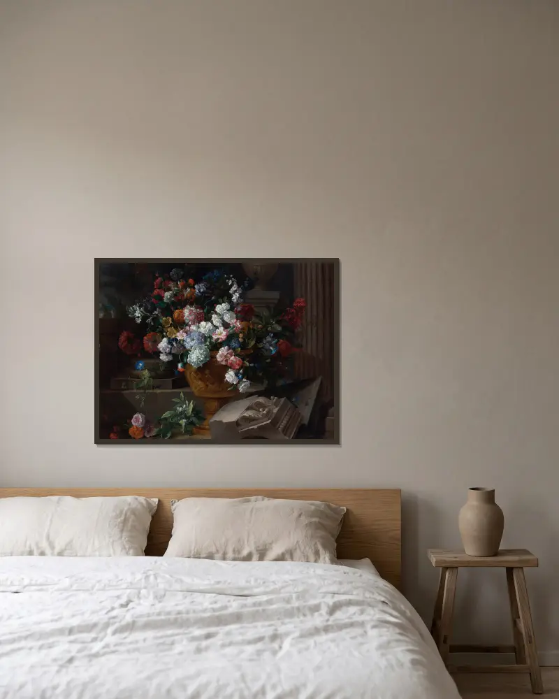 Stilleben med blommor i en skulpterad urna med arkitekturfragment på en terrass av Jean-Baptiste Monnoyer inramad på en vägg
