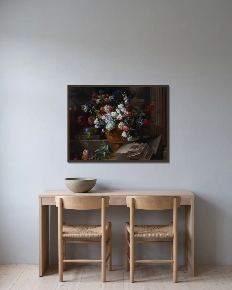Stilleben med blommor i en skulpterad urna med arkitekturfragment på en terrass av Jean-Baptiste Monnoyer inramad på en vägg