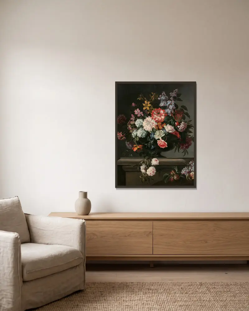 Vas med blommor och frukt på en stenhylla av Jean-Baptiste Monnoyer inramad på en vägg