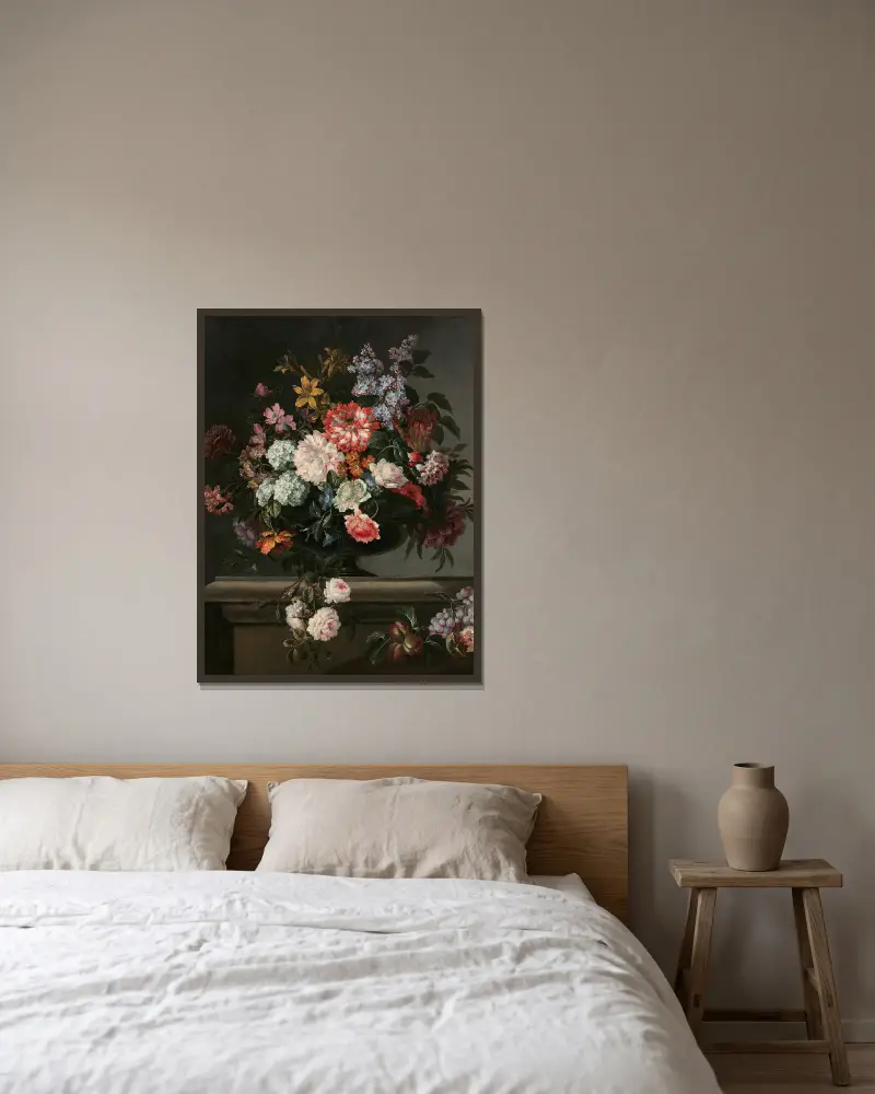 Vas med blommor och frukt på en stenhylla av Jean-Baptiste Monnoyer inramad på en vägg