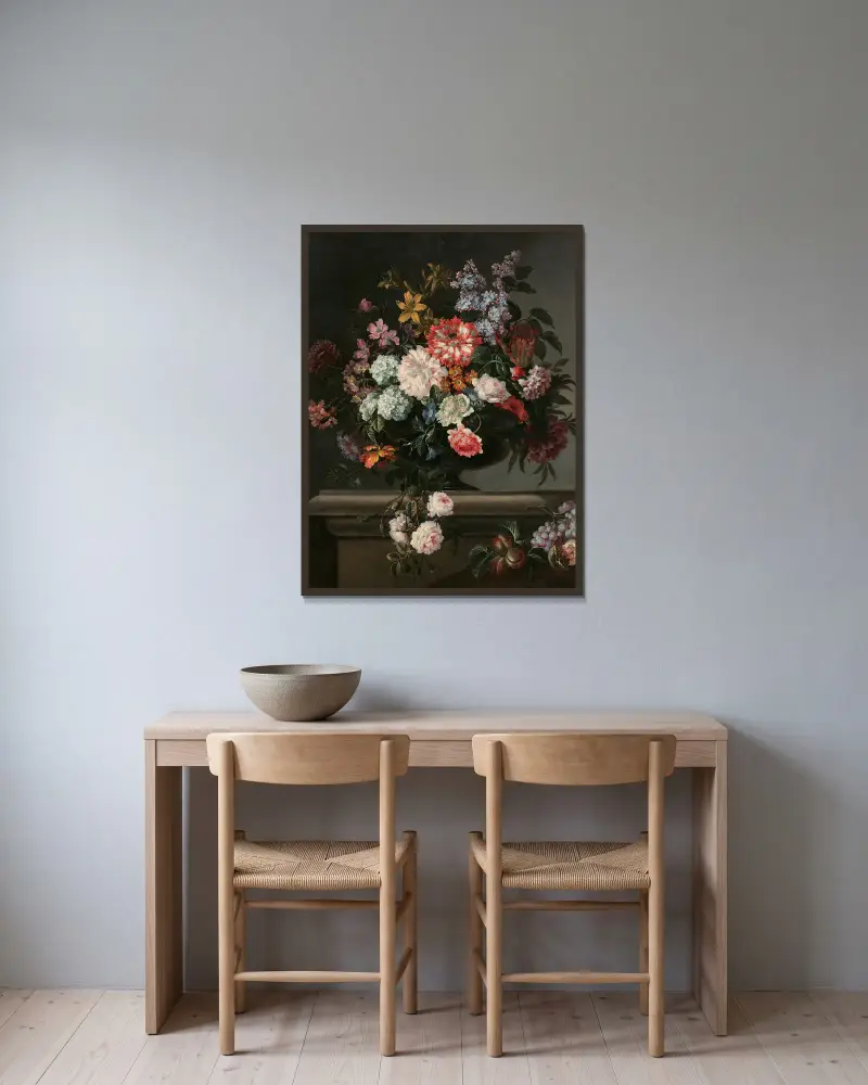 Vas med blommor och frukt på en stenhylla av Jean-Baptiste Monnoyer inramad på en vägg