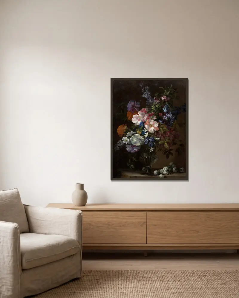 Vase de fleurs sur un entablement av Jean-Baptiste Monnoyer inramad på en vägg