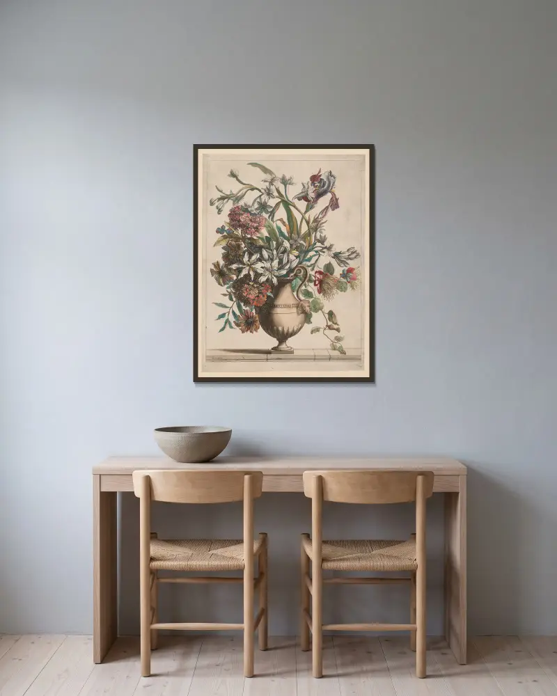 Blomstervas av Jean-Baptiste Monnoyer inramad på en vägg