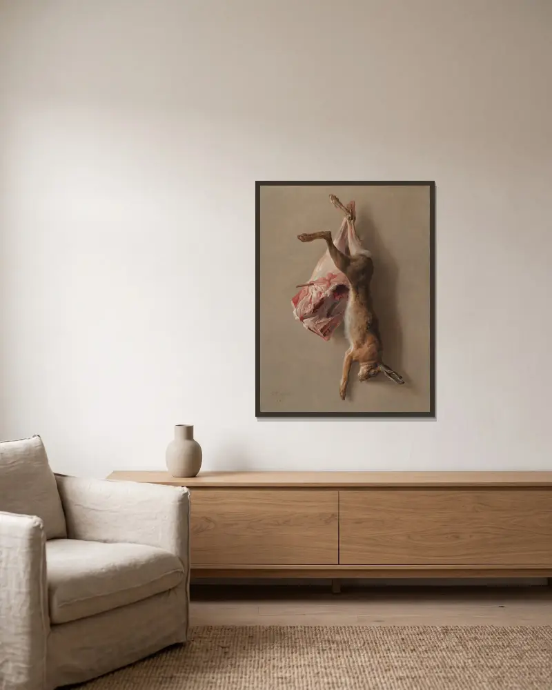 Ein Hase und eine Lammkeule von Jean-Baptiste Oudry gerahmt an einer Wand