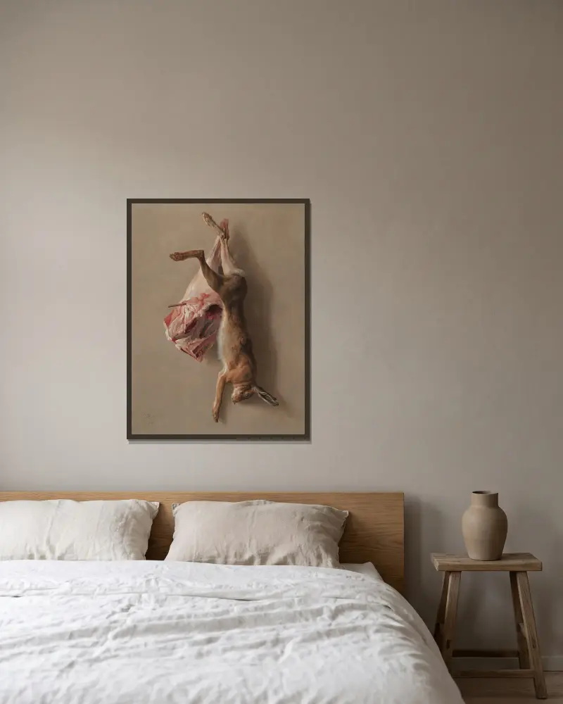 Ein Hase und eine Lammkeule von Jean-Baptiste Oudry gerahmt an einer Wand