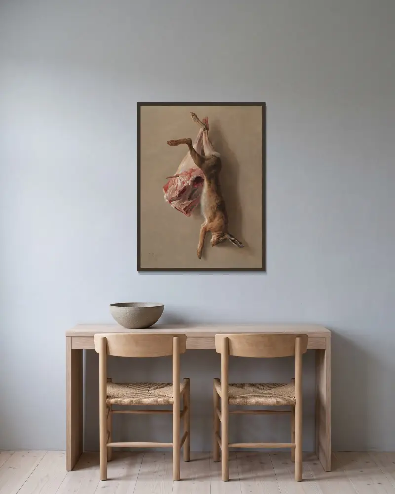 Ein Hase und eine Lammkeule von Jean-Baptiste Oudry gerahmt an einer Wand