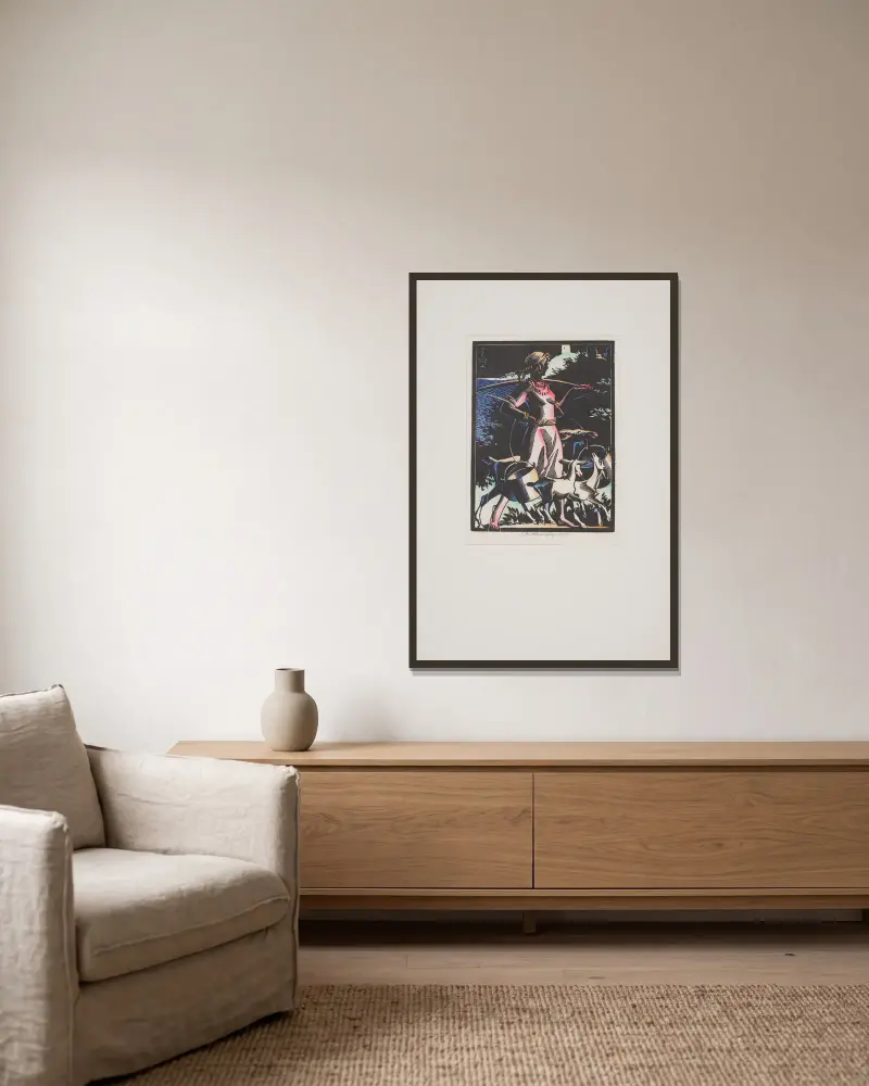 Mädchen mit Ziegen von Edmund Bartłomiejczyk gerahmt an einer Wand