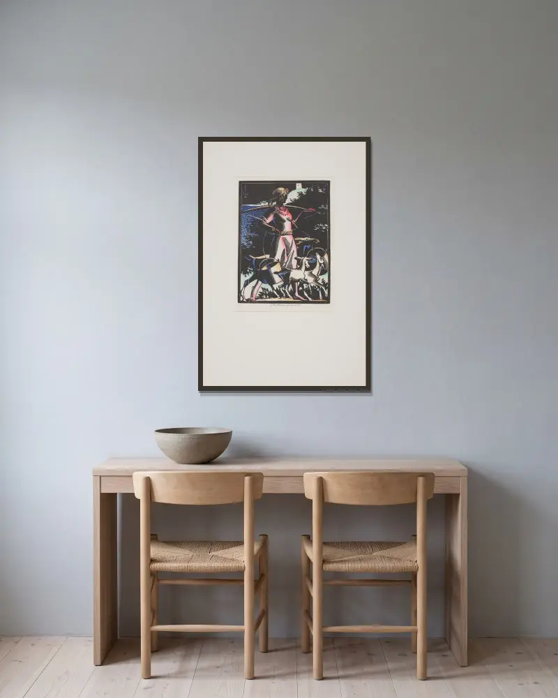 Mädchen mit Ziegen von Edmund Bartłomiejczyk gerahmt an einer Wand
