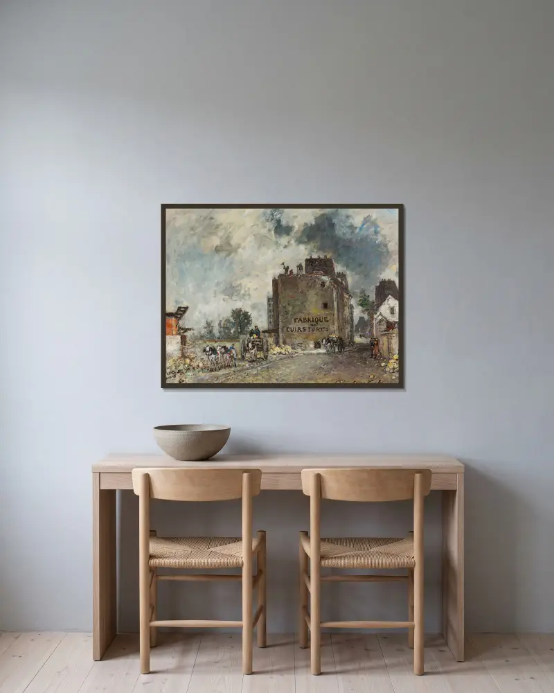 Rivningsarbete vid Rue des Franc-Bourgeois, St. Marcel av Johan Barthold Jongkind inramad på en vägg