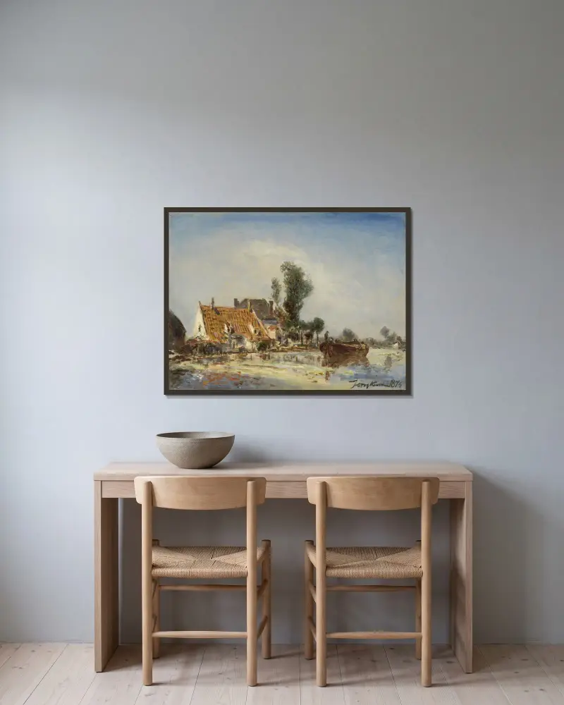 Hus vid en vattenväg nära Crooswijk av Johan Barthold Jongkind inramad på en vägg
