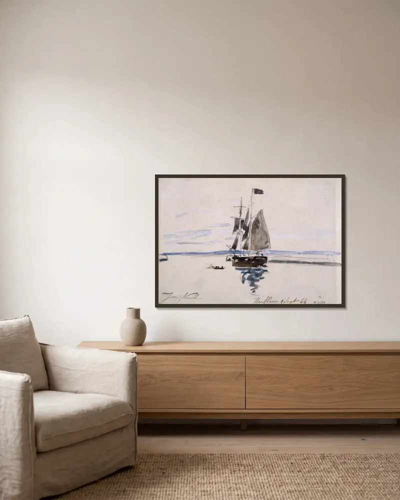 La Mer à Honfleur av Johan Barthold Jongkind inramad på en vägg