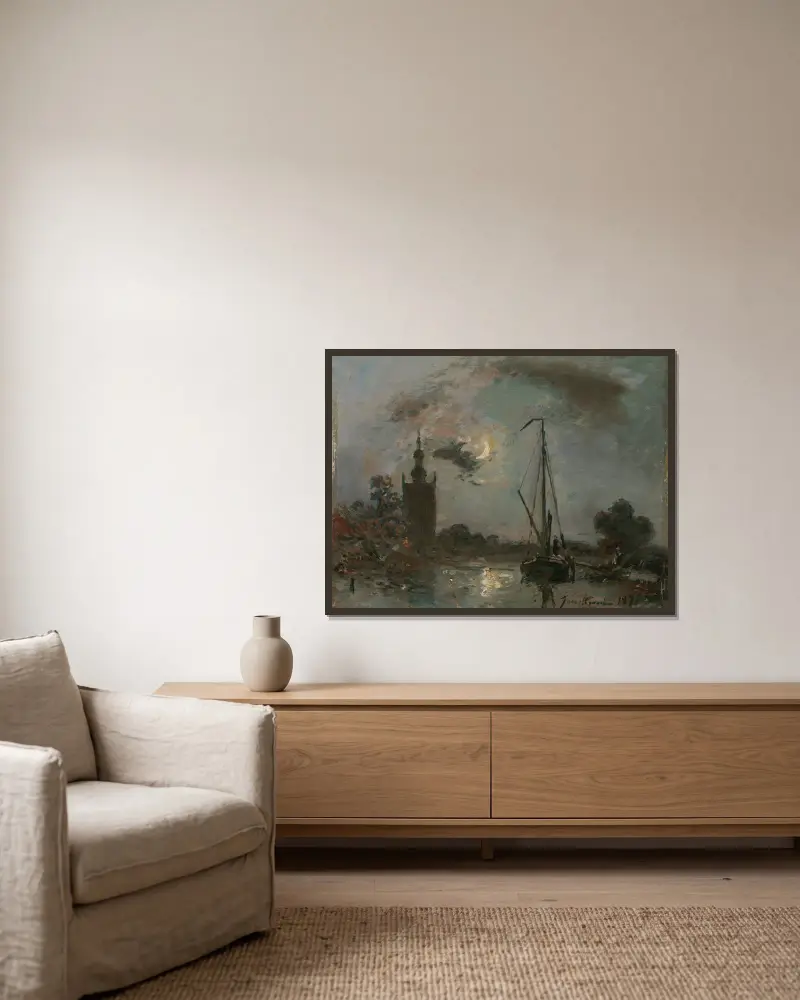 Overschie im Mondlicht von Johan Barthold Jongkind gerahmt an einer Wand