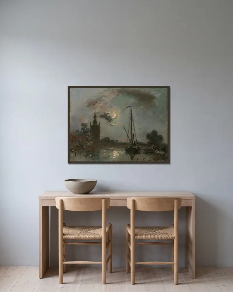 Overschie im Mondlicht von Johan Barthold Jongkind gerahmt an einer Wand