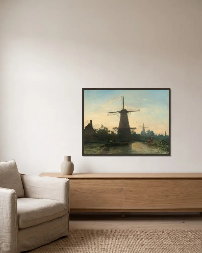 Windmühlen bei Rotterdam von Johan Barthold Jongkind gerahmt an einer Wand