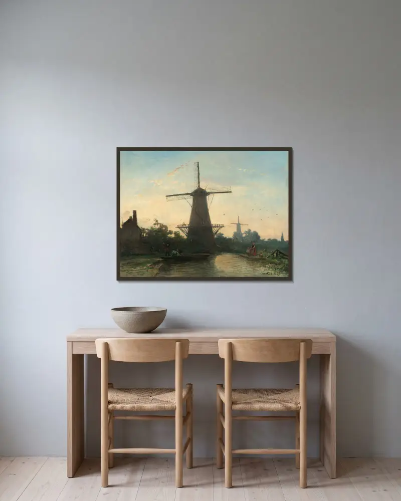 Windmühlen bei Rotterdam von Johan Barthold Jongkind gerahmt an einer Wand