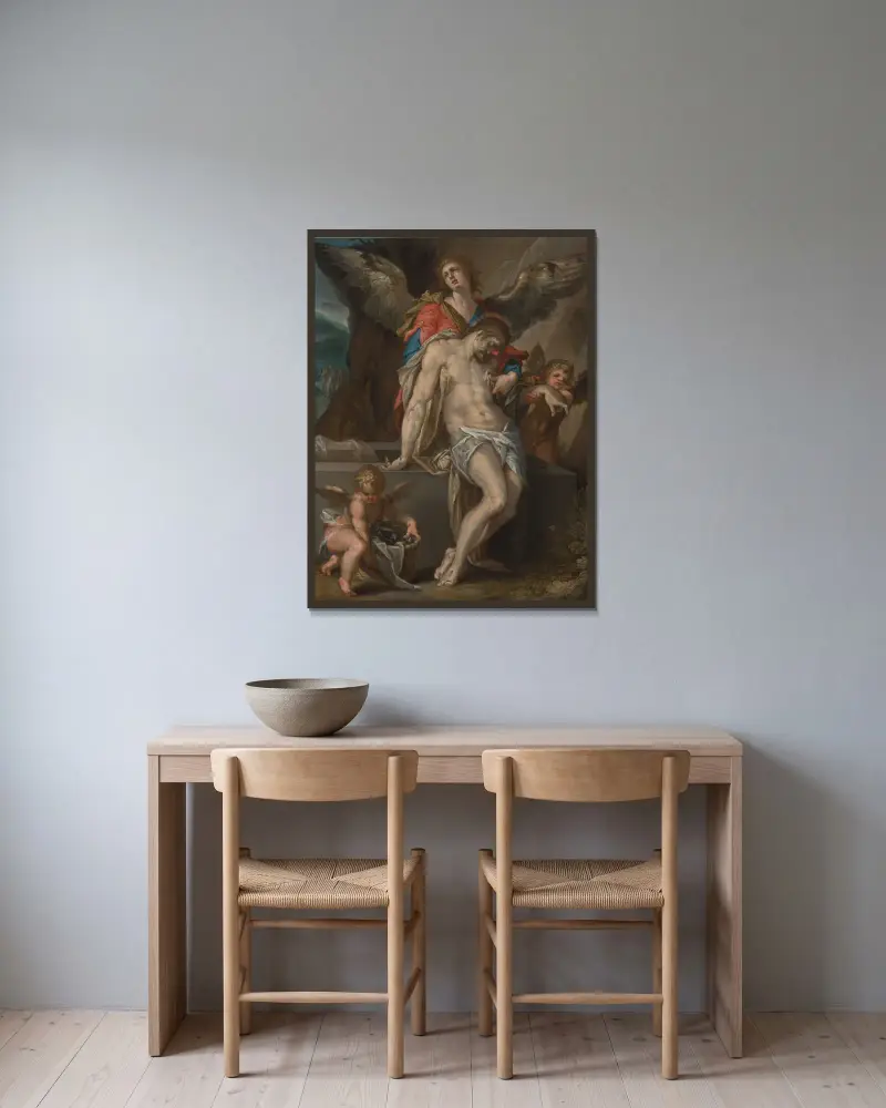 Änglapietà av Bartholomaeus Spranger inramad på en vägg