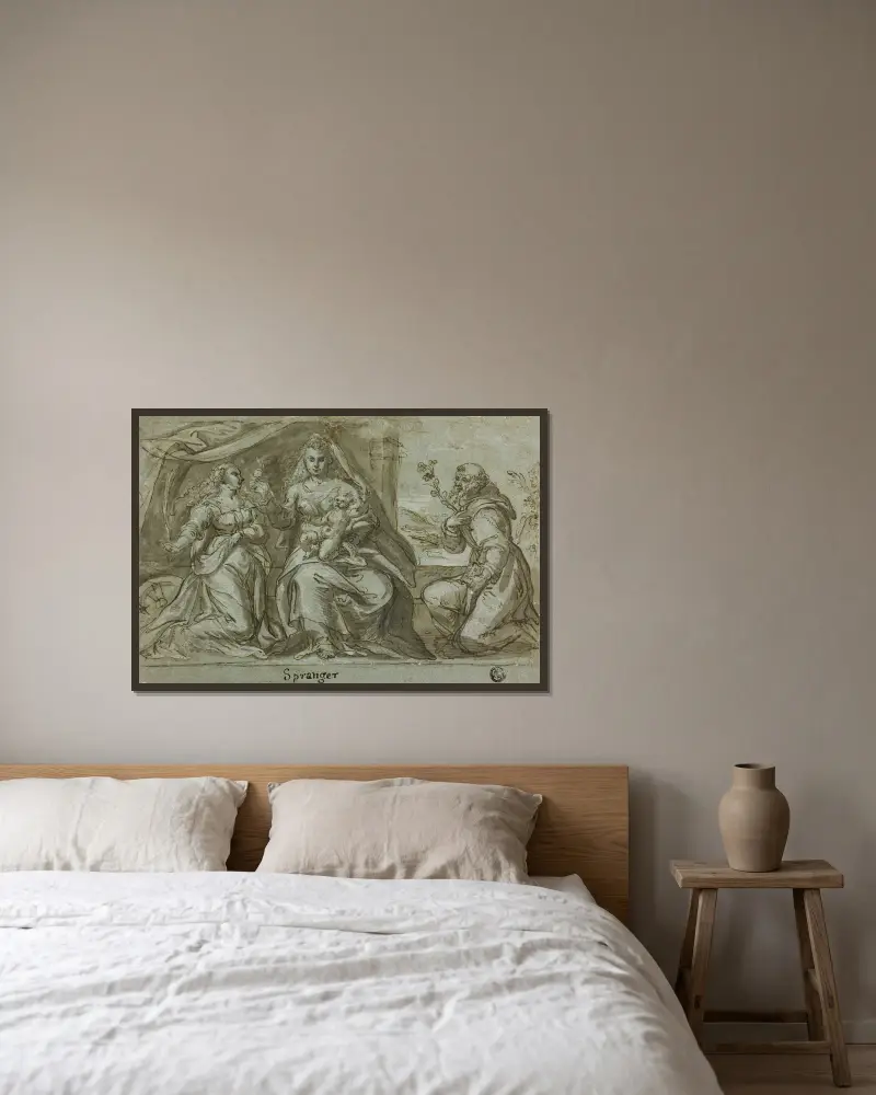 Madonnan med barnet och de heliga Katarina och Dominikus av Bartholomaeus Spranger inramad på en vägg