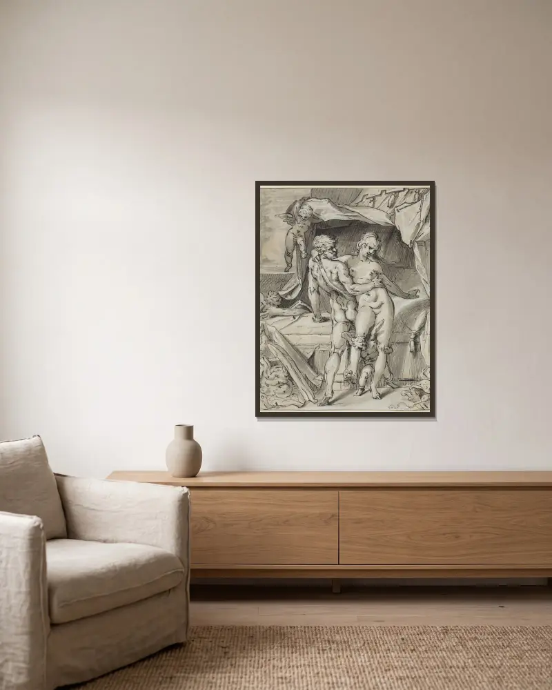 Mars und Venus von Bartholomaeus Spranger gerahmt an einer Wand