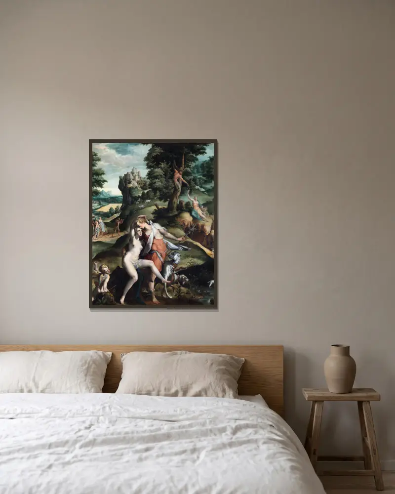 Venus and Adonis av Bartholomaeus Spranger inramad på en vägg