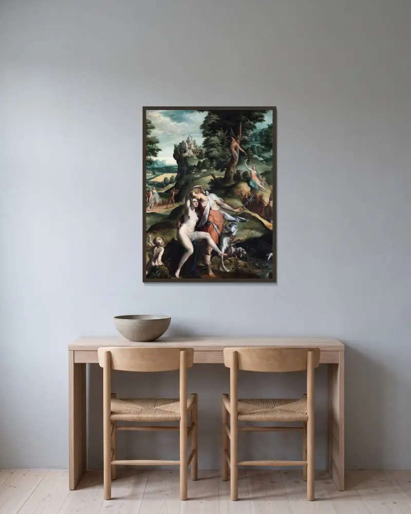 Venus and Adonis av Bartholomaeus Spranger inramad på en vägg