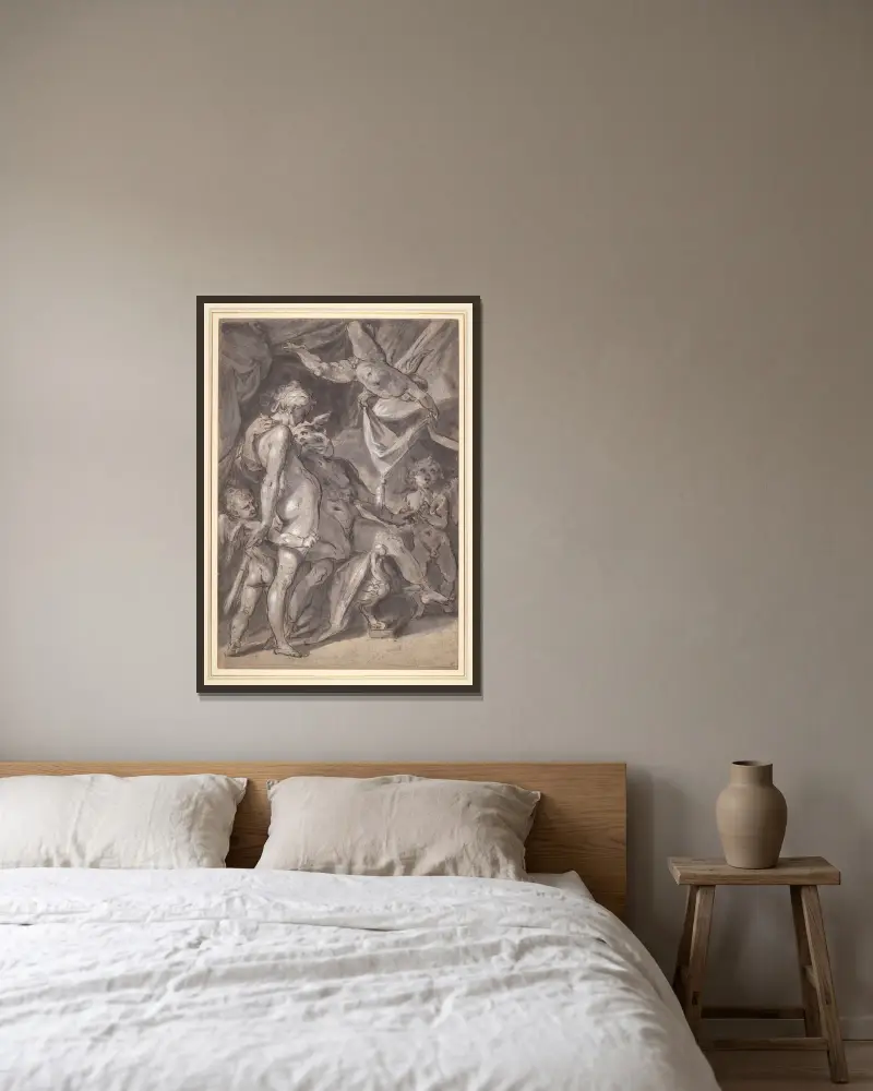 Venus und Merkur von Bartholomaeus Spranger gerahmt an einer Wand