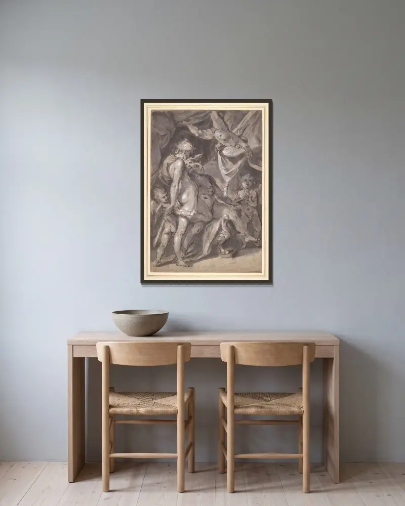 Venus und Merkur von Bartholomaeus Spranger gerahmt an einer Wand