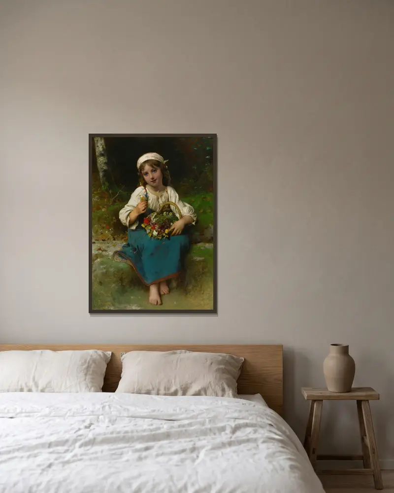 Ung flicka med blomsterkorg av Léon-Jean-Basile Perrault inramad på en vägg