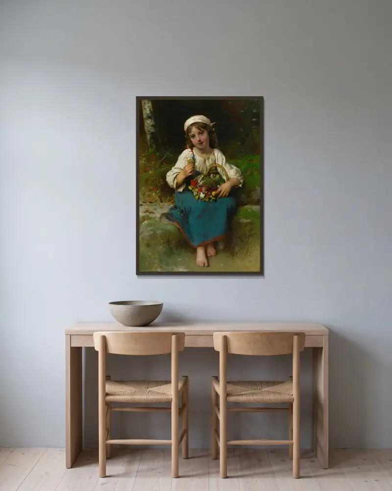 Ung flicka med blomsterkorg av Léon-Jean-Basile Perrault inramad på en vägg