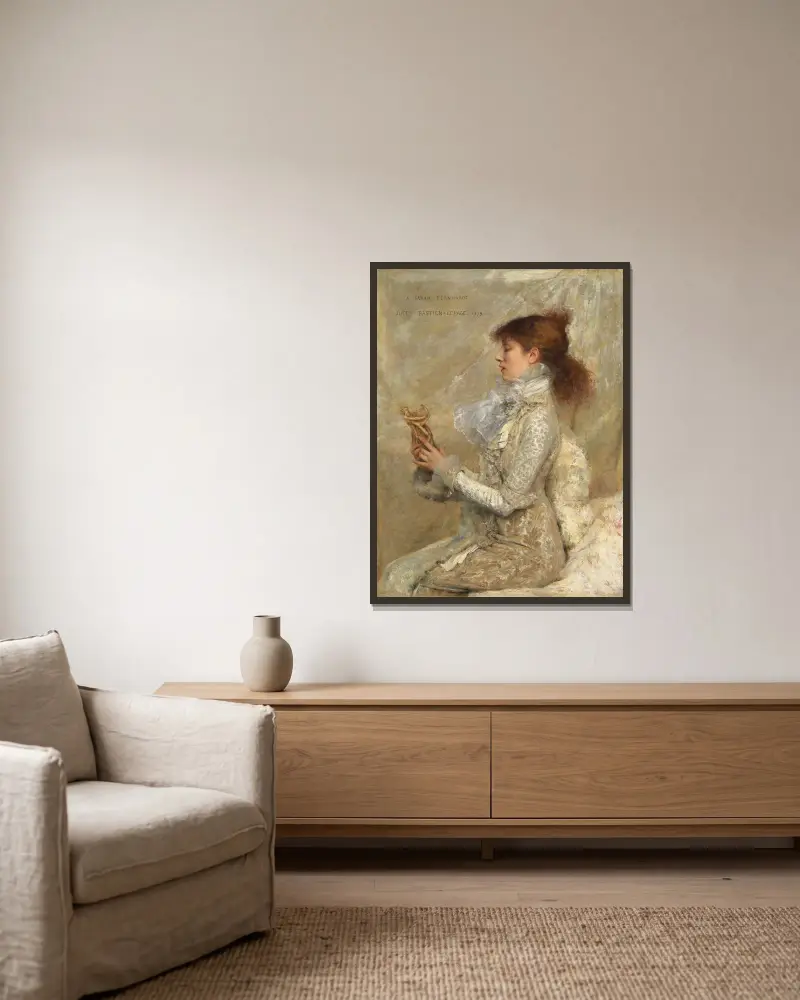 Portrait de Sarah Bernhardt av Jules Bastien-Lepage inramad på en vägg