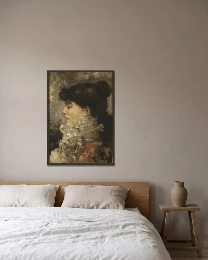 Porträtt av Sarah Bernhardt av Jules Bastien-Lepage inramad på en vägg